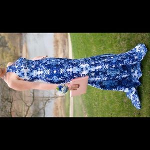 Blue and white fitted evening/ prom Xscape gown